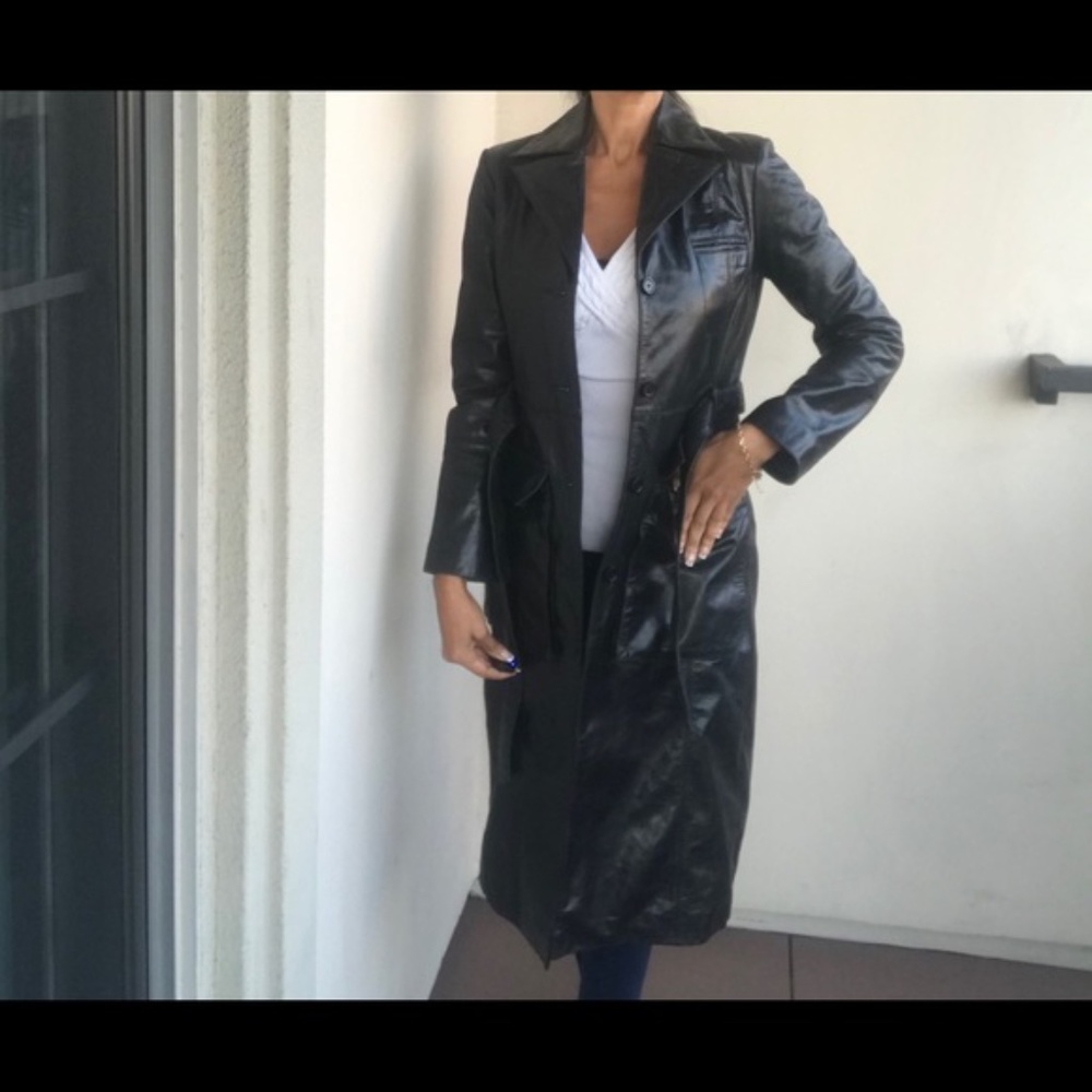 Rare Unworn Black Leather Trench Coat by BEBE
